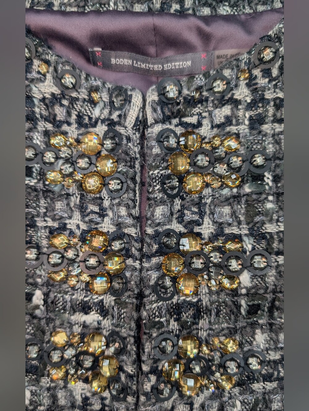 Boden Limited Edition Gray Wool Tweed Embellished Crystal Lady Jacket Size 14 - Picture 4 of 11